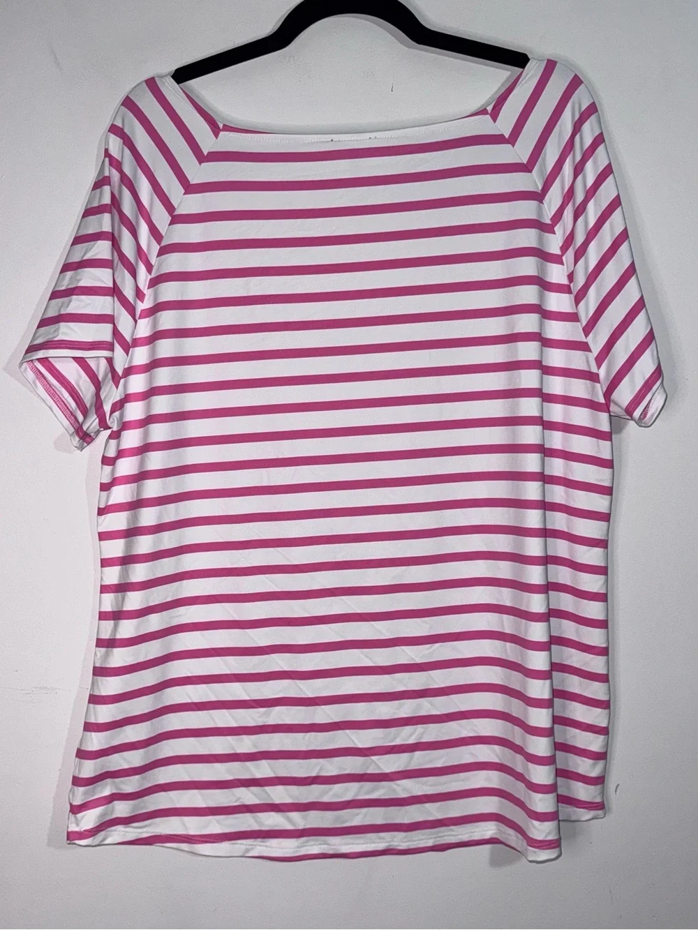 Talbots Women’s XL Pink White Stripe Square Neck Stretch Jersey Short Sleeve Top